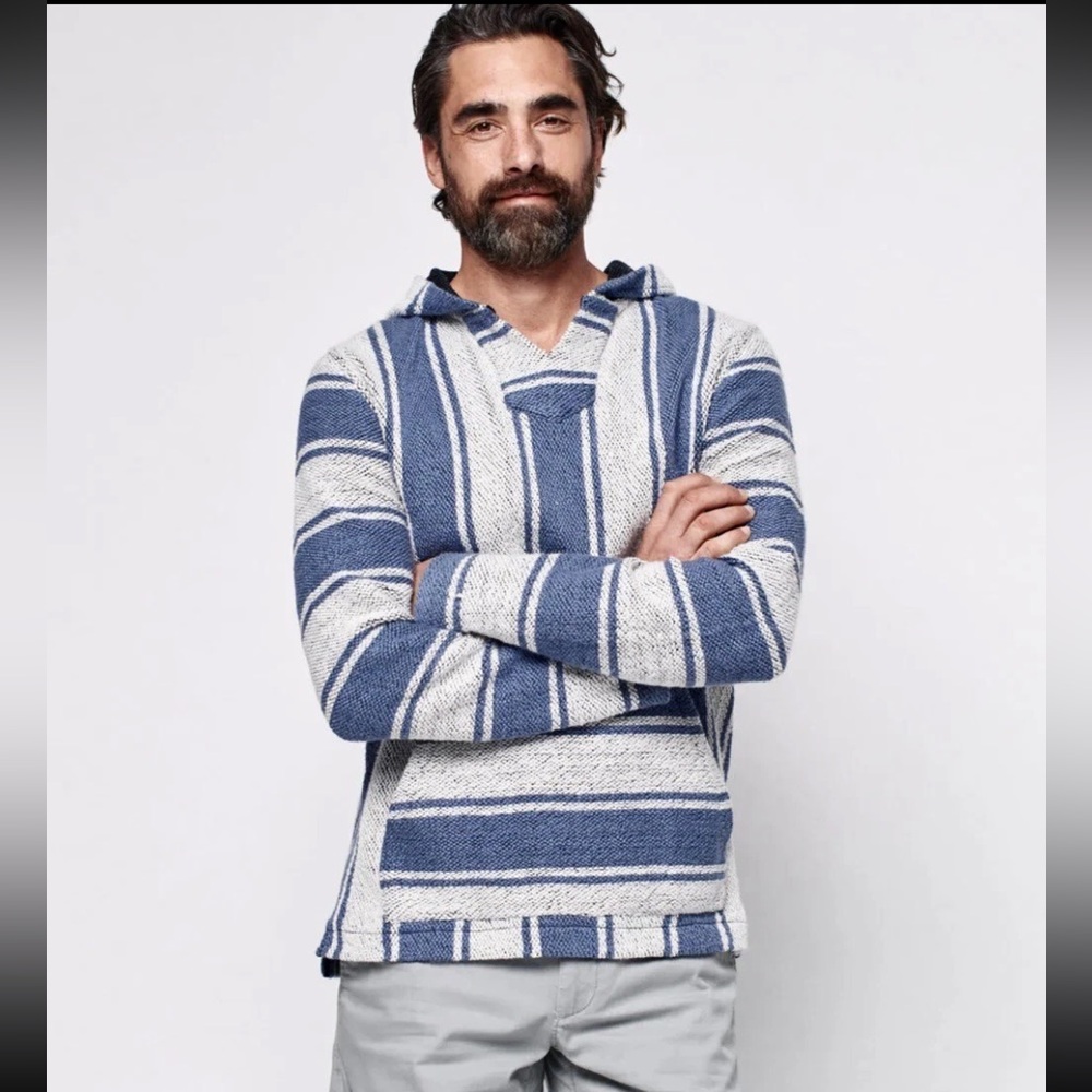 Faherty Men’s Blue Cream Cascade Striped Organic Cotton Knit Hoodie size M
